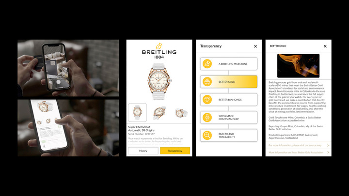 Owners of the Super Chronomat Automatic 38 Origins receive a provenance record for the watch's gold and diamonds in a blockchain-backed NFT. Breitling has issued a digital passport for each of its new watches since 2020. The value chain for the Super Chronomat Origins is documented end-to-end by the owner's NFT and publicly on an online sourcing map. All information is independently verified.