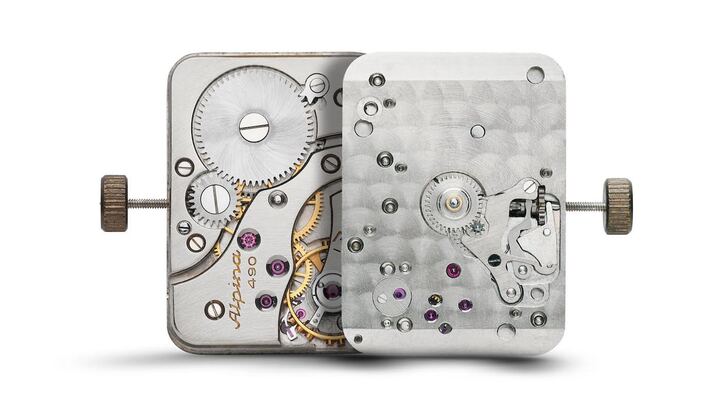 Back and front view of the original Calibre 490 fitted to the anniversary series