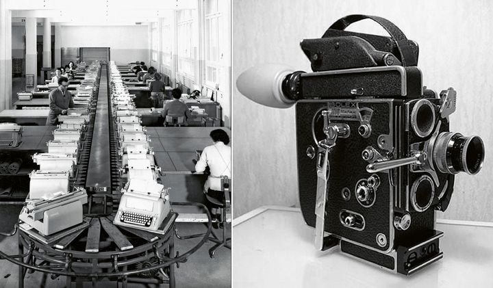 Left: a conveyor belt carries Hermès Ambassador typewriters to workers for quality control, November 12, 1956. Collection of the Musée des Arts et Sciences in Sainte-Croix. Right: a Paillard Bolex H16 camera
