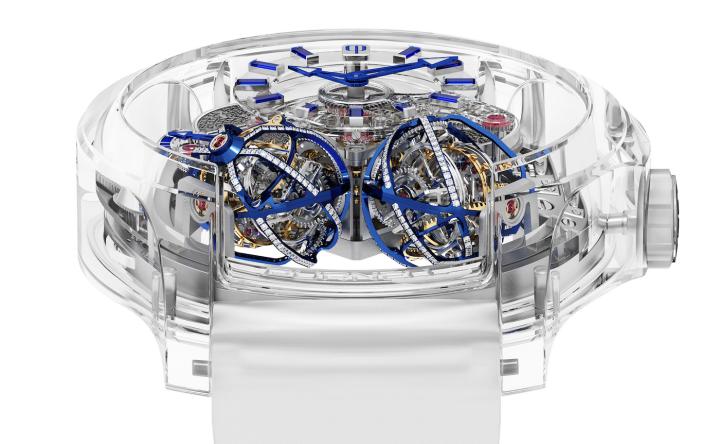 The Purnell Escape II Absolute Sapphire is the first double triple axis tourbillon in a full sapphire case with movement bridges and dial in sapphire.
