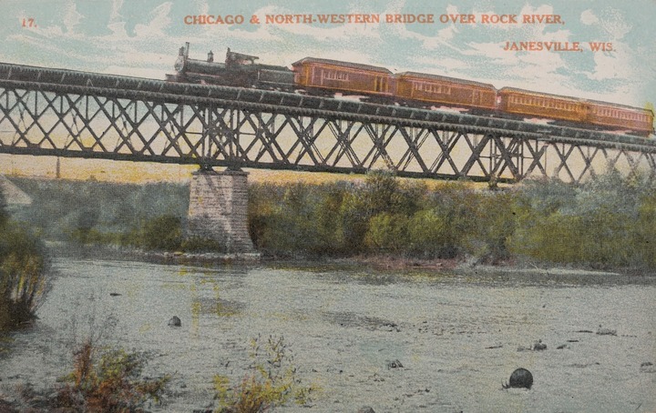 Chicago Bridge: a railway bridge crossing Rock River in Janesville, Wisconsin, circa 1910. Tissot Archive.