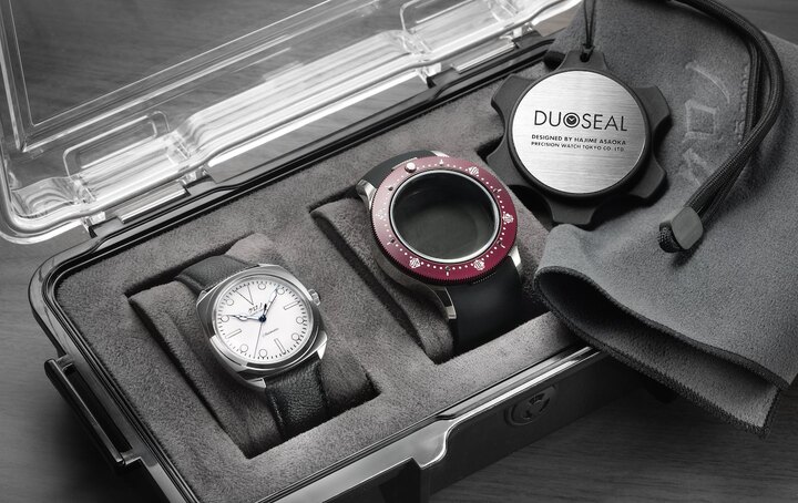 Kurono Tokyo's latest creation: an elegant 37mm cushion-shaped dress watch that transforms into a water-resistant timepiece by slipping into a protective outer case that conceals and shields the watch - including its crown. A truly unique design.