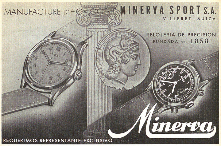 Minerva models in 1944, featured in the Latin America edition of Europa Star, promoting exports of Swiss watches to the continent. ©Archives Europa Star