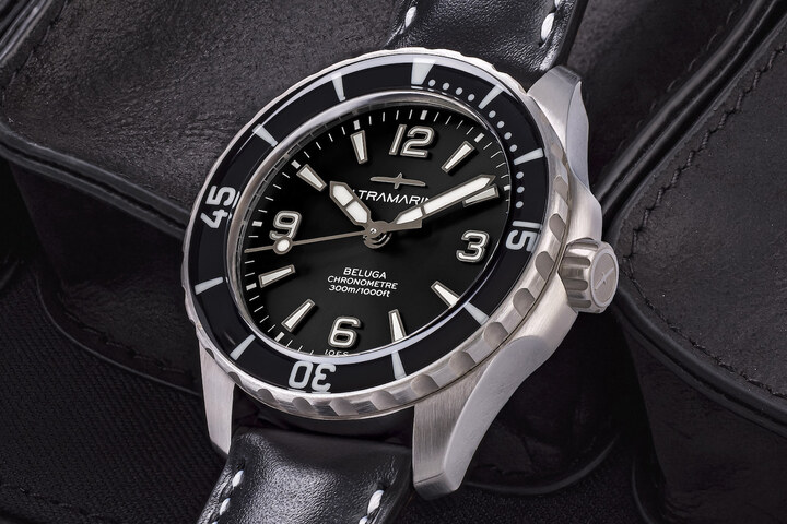 Available with blue, ice blue or black dial, the Ultramarine Beluga is water resistant to 300m.