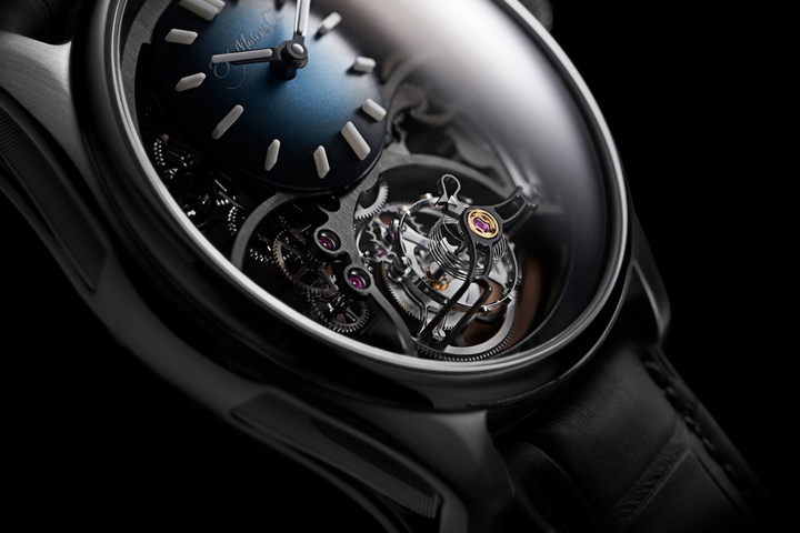 The movement inside the H. Moser & Cie. Pioneer Cylindrical Tourbillon is outfitted with an in-house cylindrical hairspring.