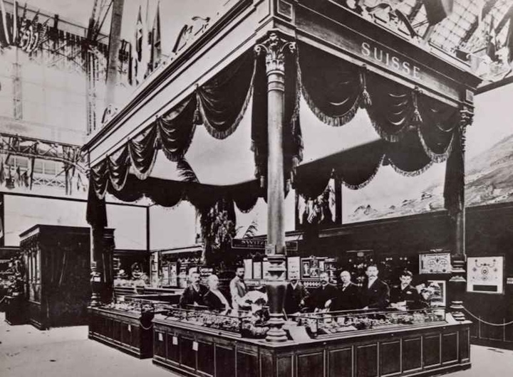 The Swiss section pavilion at the Chicago World's Fair, 1893. With Charles-Emile Tissot (third from right) and Gabriel-Marie Rouge-Feurtet (second from right). Tissot Archive.