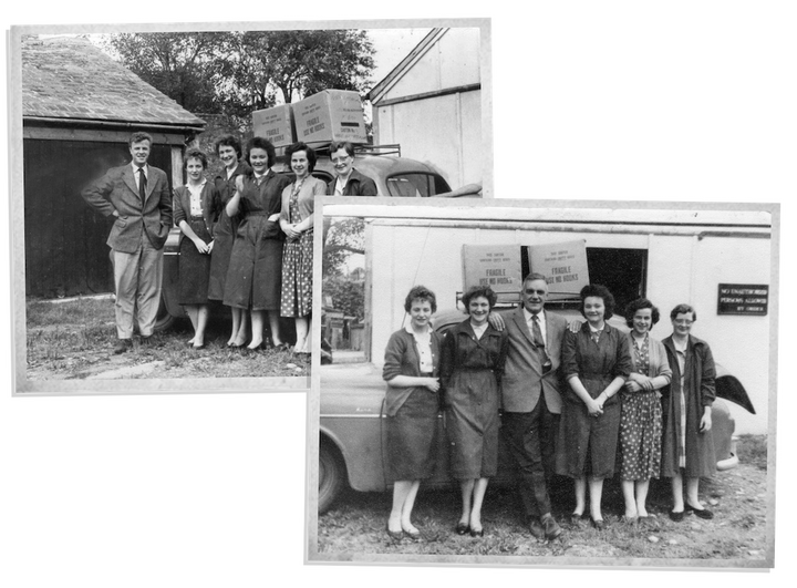 In 1962, the Wolf workshops were provisionally moved to Ireland, before being transferred to Wales the same year. Philip Wolf IV, the father of the current director Simon Wolf, is pictured here with some of his employees. 