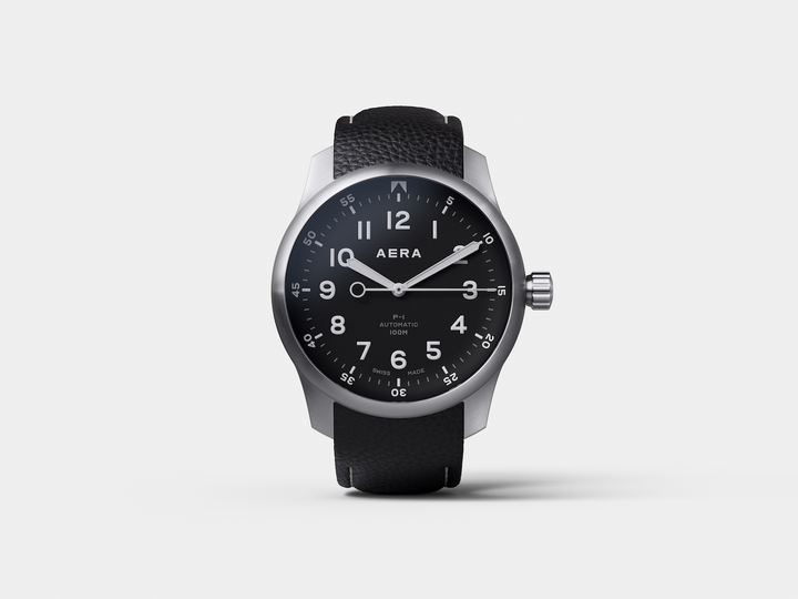 The P-1 Pilot is a modern, minimalist interpretaton of this particular category. Sellita SW200-1 movement, 904L brushed stainless steel case, domed dial, white Arabic numerals highlighted by hand-filled Swiss white Super-LumiNova. Edition of 300 pieces.