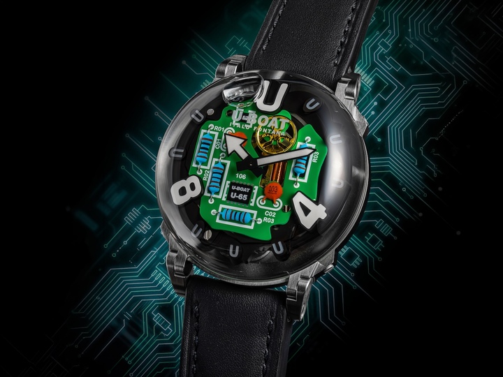 The new U-65 TEK draws its aesthetic inspiration from the worlds of engineering and energy. Its industrial-style dial, combined with U-Boat's exclusive Oil Immersion system, enhances visual depth and the three-dimensional effect of the Swiss Made Ronda 756 quartz movement. Housed in a 44 mm satin-finished steel or black PVD-coated case with movable lugs and a caseback adjustment system, the U-65 TEK expresses a bold, technical and contemporary identity.