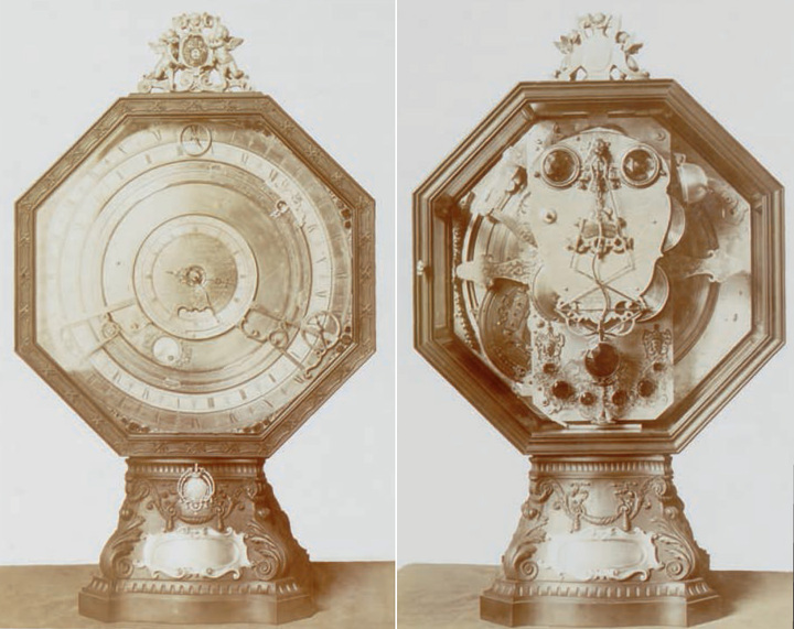 The astronomical clock built by Bernardo Facini in the first half of the 18th century for Dorothea Farnese von Pfalz-Neuburg, the Duchess of Parma and Piacenza, and restored in the early 1980s by Ludwig Oechslin.