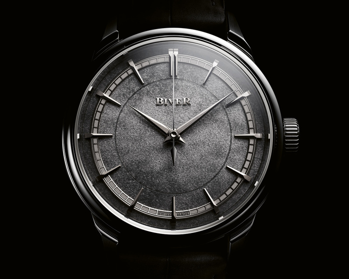 Cased in a 39mm diameter, the Biver Automatique is the brand's first three-hand automatic. This model is in platinum with a black sandblasted obsidian dial.