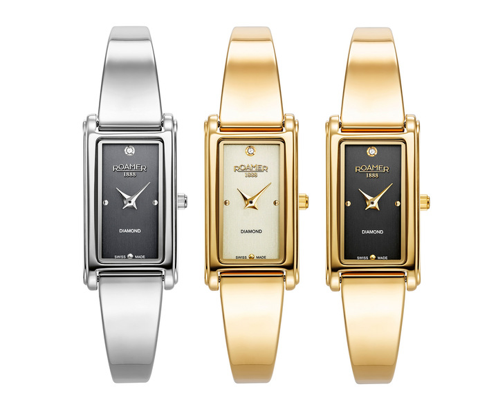 In stainless steel or gold-toned, the Elegance Diamond's dagger-shaped hands, hour markers, delicate fluted crown and the setting for the diamond complement the case and bracelet.
