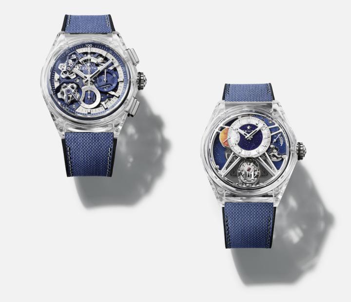  Zenith has recently reinterpreted two of its most cutting-edge calibres for display through the transparency of a sapphire case. One is the Defy Zero-G Sapphire whose off-centred dial is handcrafted in a mosaic of meteorite, aventurine glass and grand feu enamel on a gold base. The astronomically inspired finish extends to the movement's cylindrical container, which can also be viewed through the sides of the case. The other is the Defy 21 Double Tourbillon Sapphire, equipped with two independent tourbillons that complete their rotations in 60 seconds for the time-keeping tourbillon, and 5 seconds for the chronograph tourbillon.