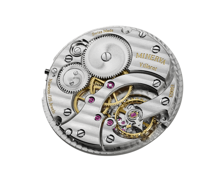 The calibre M15.08 beats inside the Minerva The Unveiled Timekeeper Crownless.