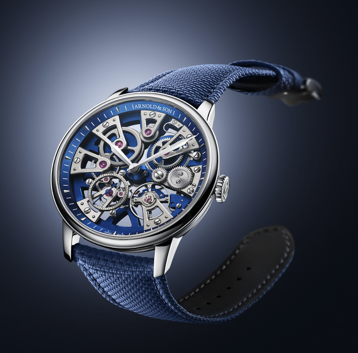 The skeletonized Nebula 40 Steel, with its seven star-shaped bridges. The two large barrels providing a 90-hour power reserve, the balance wheel, and the small seconds are arranged along four axes of symmetry. This balance is a signature of the collection.