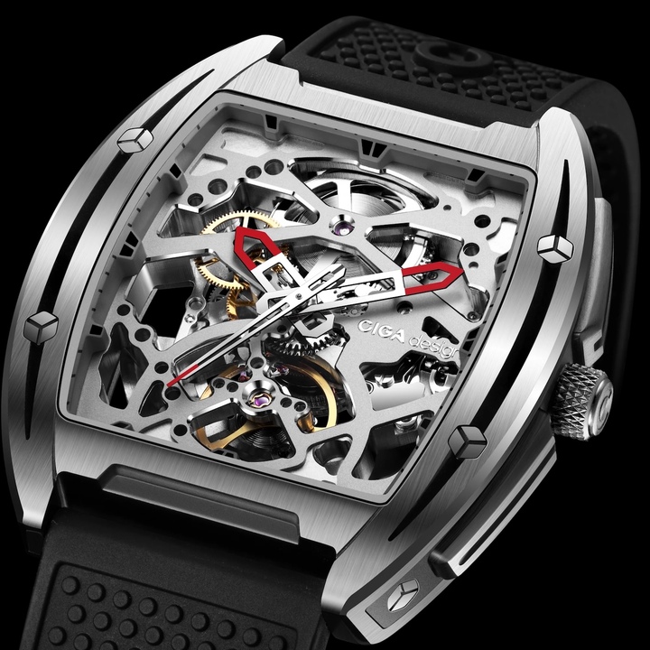 Introduced in 2019, Edge Original is a CIGA design signature and 2020 German Design Award winner. Its slim tonneau case exposes a skeleton movement front to back, with chamfered openwork bridges and executions in steel, black DLC, and titanium.