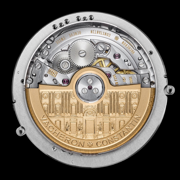 In an elegant tribute to the Louvre Museum, Vacheron Constantin's partner since 2019, each oscillating weight reproduces the museum's eastern façade and its celebrated colonnade, designed in the 17th century by Louis Le Vau, Claude Perrault and Charles Le Brun.