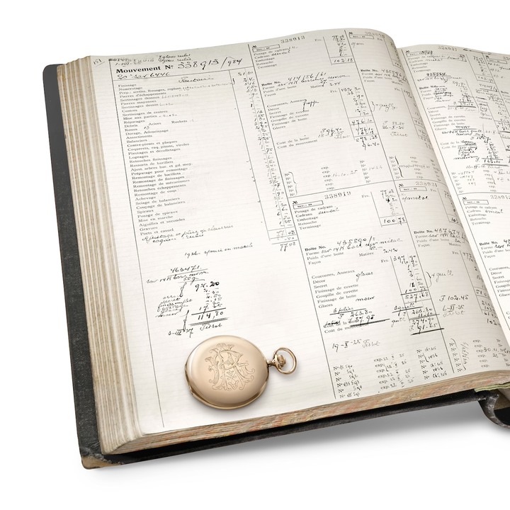 Example of a ledger, or ‘Grand livre' recording Tissot watch movements and its corresponding pocket watch, 1920s. Tissot Archive.