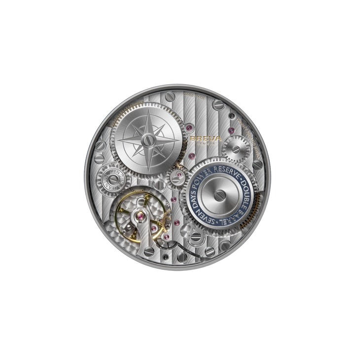 For this first model, a double barrel movement with an exceptional power reserve of seven days was created by Jean-François Mojon and the Chronode manufacture.