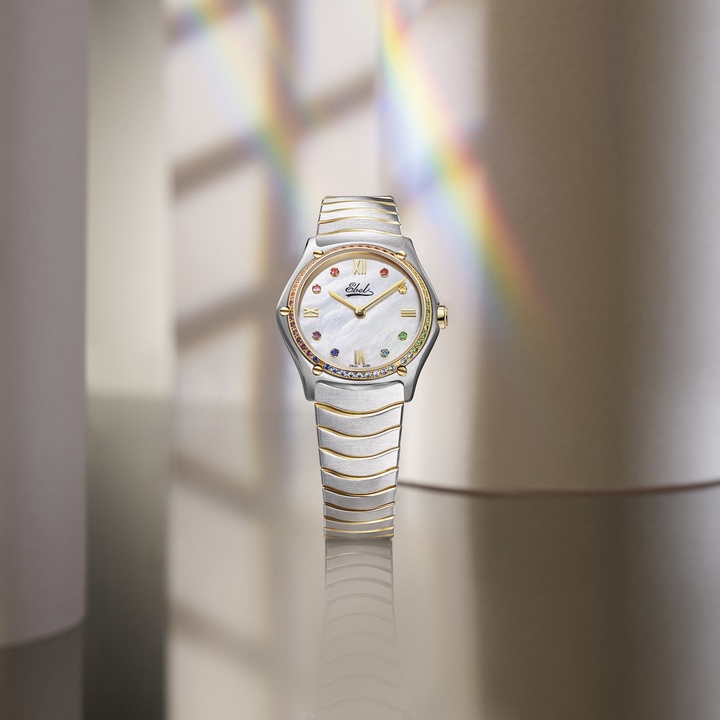 The Sport Classic Gemstones 29 mm Limited Edition celebrates Ebel's aesthetic sensibility with a bezel set with gemstones in a rainbow gradient and a luminous mother-of-pearl dial bearing the original 1911 logo. Also available in 24 and 33 mm, it brings together colour, light and elegance within the collection's signature architectural lines.
