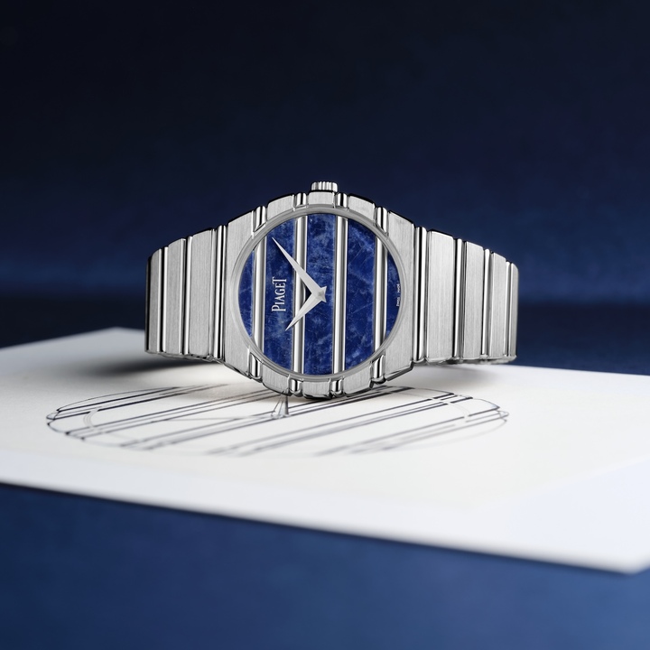The Polo 79 featuring a sodalite dial, a testament to the expertise of Piaget's Ateliers de l'Extraordinaire in working with ornamental stones.