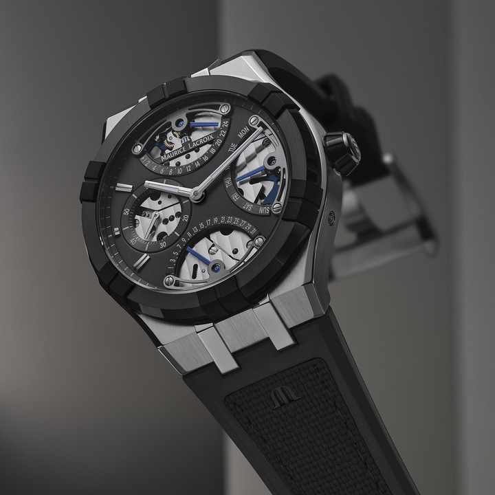 Housed in a 43mm stainless steel case, uniting brushed and polished surfaces, the AIKONIC Master Triple Retrograde is fitted with a ceramic bezel endowed with the AIKON's six double-width arms, a design that is also celebrated with the ceramic crown. Ceramic is scratchproof and won't fade when exposed to UV light, ensuring the beauty of the watch will never diminish.