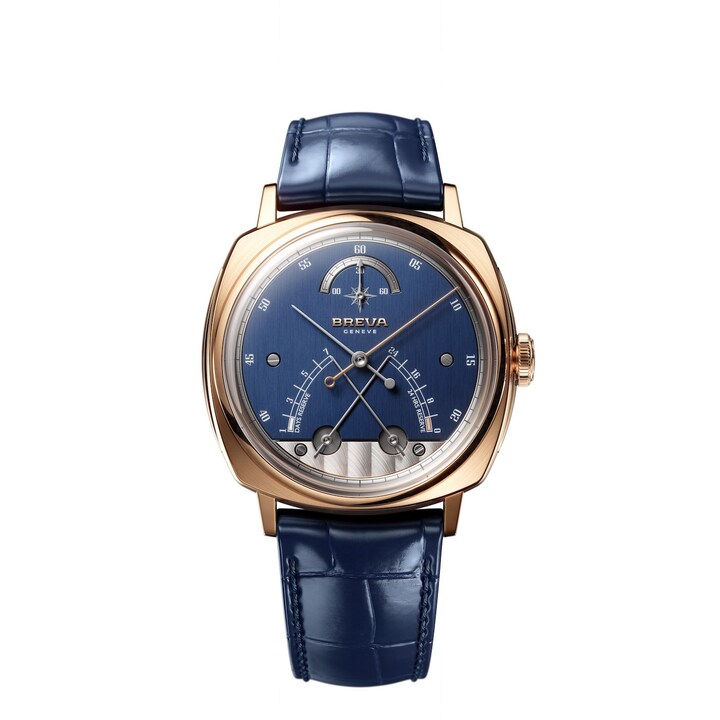The Segreto di Lario, shown here in rose gold with a blue dial, marked Breva's return to the watchmaking scene in spring 2025. The crossed hands, the brand's stylistic and technical signature, provide a dual power reserve indication with a double retrograde time scale.