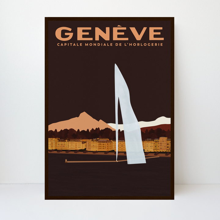 Genève, Capitale Mondiale de l'Horlogerie: Also part of the Bucherer collection, this artwork gives centre-stage to Geneva's most famous landmark, the Jet d'Eau in its classic “pose”: the inimitable view across the Rade de Genève from the Right Bank promenade. Behind it, the Salève, Môle, Aravis and Mont-Blanc mountains recede into the distance. Its typography, which proudly celebrates Geneva as the world capital of watchmaking, is informed by 1930s Swiss poster art. It alludes to a pivotal period in Genevan fine watchmaking and to the excellence for which it is renowned — as certified by the Poinçon de Genève.