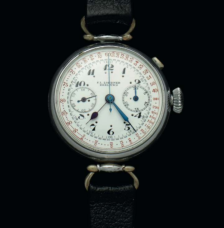 Löbner single-pusher chronograph with pulsometer scale and Minerva 19.09 movement.