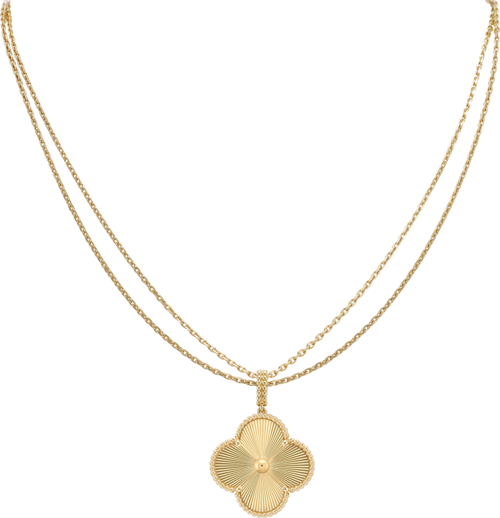 Magic Alhambra long necklace in guilloché yellow gold. In 1968, Van Cleef & Arpels created the first Alhambra long necklace, inspired by the four-leaf clover shape. This motif has since become the absolute emblem of the Richemont-owned brand.