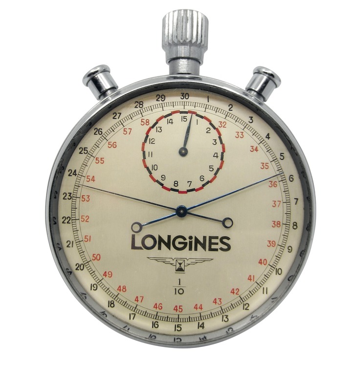 High-Frequency Skiing Timer to measure 1/10th of a second (1939), Rattrapante (split- seconds), 24-lines calibre based on a marine chronometer, high- frequency movement beating at 36,000 vibrations per hour.