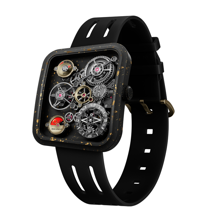 The hour and minute hands periodically align to recreate an eye-shaped motif inspired by Sanxingdui artefacts. A meteorite chapter ring frames their changing geometry, while the jumping-hour mechanism gives the display its distinctive cadence.
