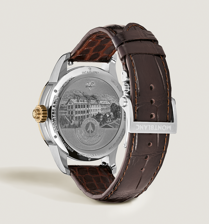 The engraved caseback features an intricate drawing of the historic Minerva Manufacture and comes with a brown sfumato calf leather strap with alligator print and a stainless steel triple-folding clasp with fine adjustment system. 