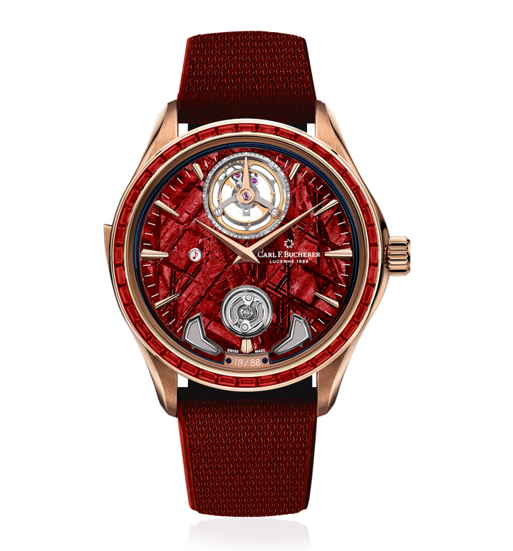 Variations will be possible on the Manero Minute Repeater Symphony, the most complicated timepiece Carl F. Bucherer has ever created. Not only does it have a peripheral winding system and a peripherally suspended floating tourbillon, it also features a minute repeater with a peripherally mounted regulator.