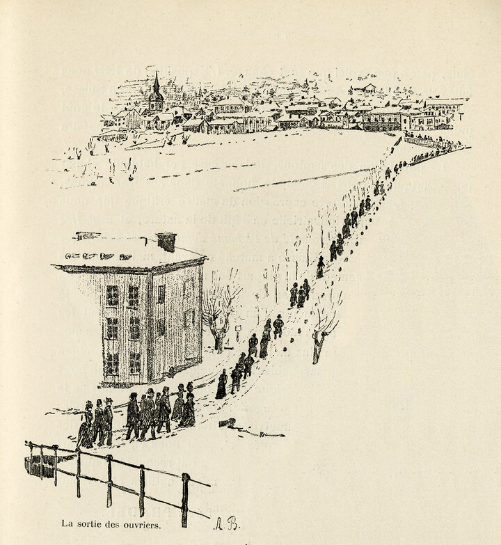 Workers leaving the Longines factory, before 1889, anonymous sketch