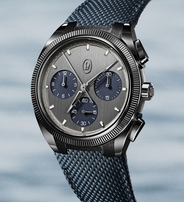 The Tonda PF Sport Chronograph is the first to be made entirely out of Cermet (CER for ceramic and MET for metal). This lightweight, scratch-resistant composite is used for the case, fluted bezel, crown, pushers and strap buckle. The automatic movement is the high-frequency (36,000 vph) PF070 integrated chronograph calibre, which is COSC-certified.