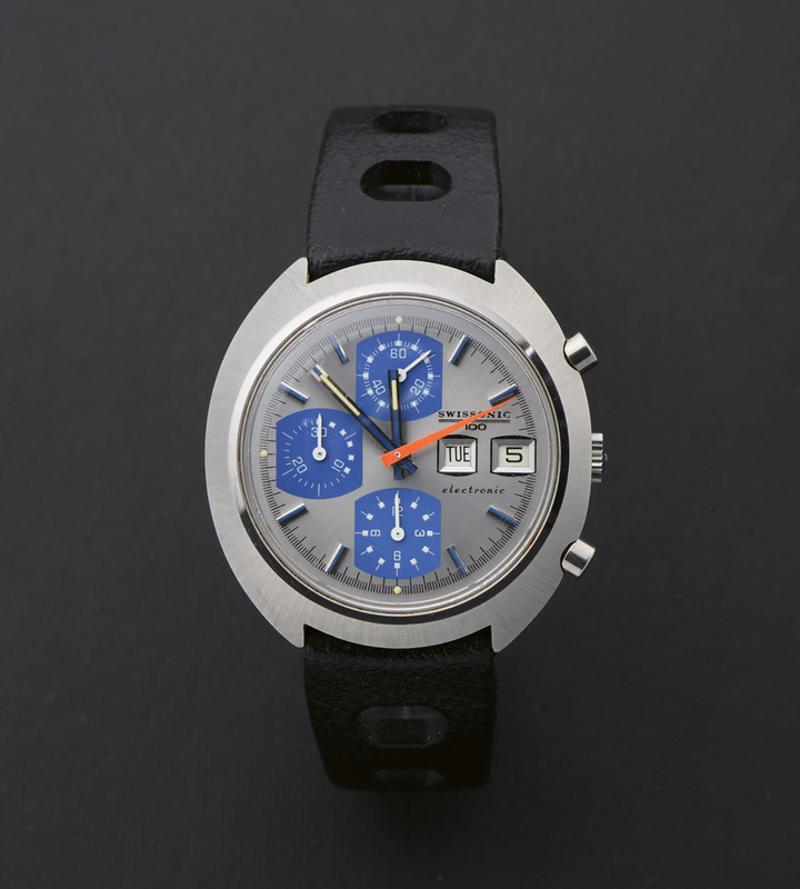 Swissonic 100 chronograph/ ESA calibre 9210 — NOS-factory demonstrator, front view and movement view. Collection Juerg Wachter.