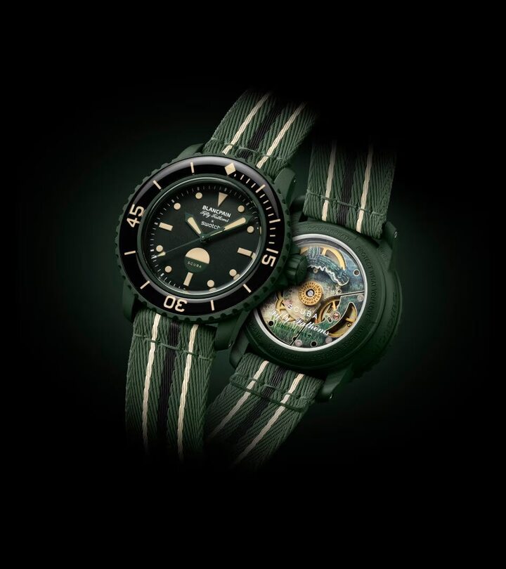 The Sistem51 calibre powers Swatch's Bioceramic Scuba Fifty Fathoms collection, priced at CHF 375. Each model is water-resistant to 50 fathoms (91 m) and features a vibrant colour scheme inspired by the ocean and its colourful inhabitants: the nudibranchs.
