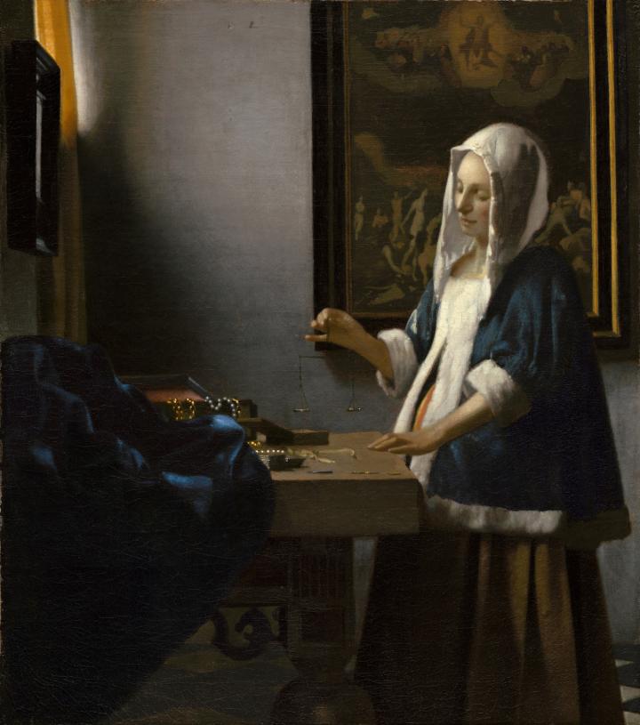 Woman Holding a Balance, formerly also entitled Girl Weighing Pearls or The Goldweigher, is an oil painting on canvas (42.5cm × 38cm) by the Dutch Golden Age painter Johannes Vermeer, painted between 1662 and 1665 (detail).