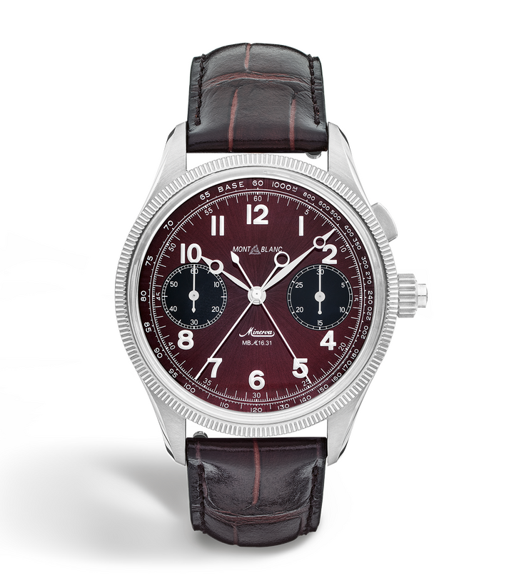 Inspiration for the new Montblanc 1858 Split Second Chronograph comes from an early 42mm military monopusher split second chronograph from the 1930s. This new model is housed in a 44mm stainless steel case with a fixed white gold 750/1000 (18 karat) fluted bezel. The dial features a dark burgundy colour with sunray decoration, black chronograph counters and white luminescent Arabic numerals for an elegant new look.
