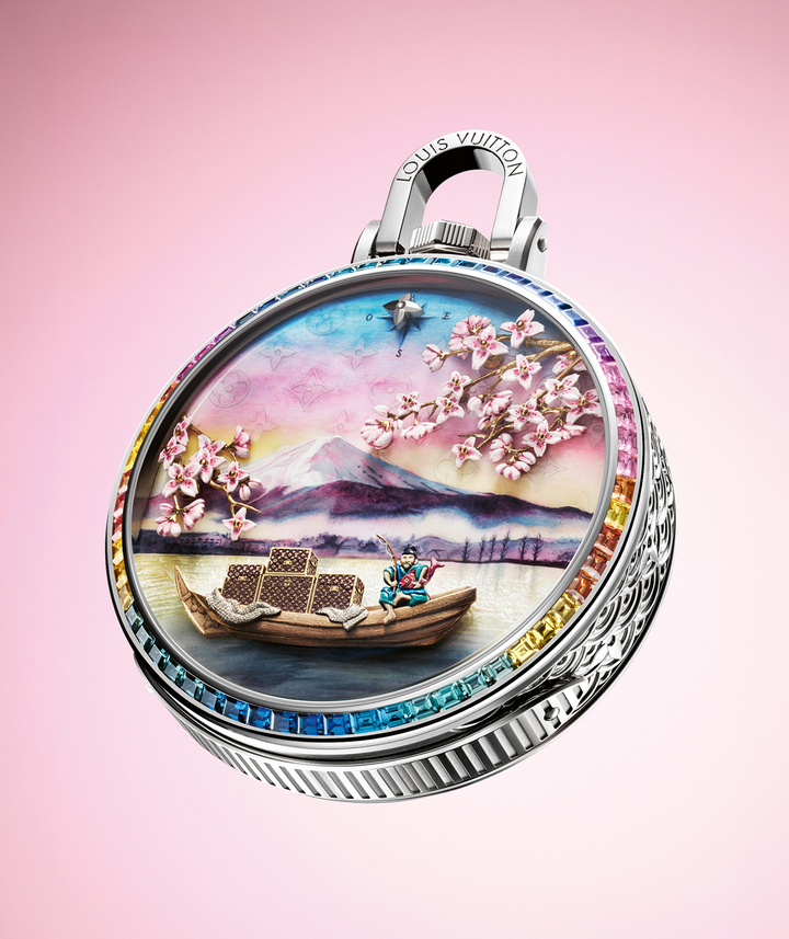 After discovering the Amazon rainforest and Paris, the next stop in the Escales Autour du Monde pocket watch collection is one of the world's most breathtaking landmarks with Mont Fuji, imagined and crafted at La Fabrique du Temps Louis Vuitton. The facility's in-house La Fabrique des Boîtiers (casemaking), La Fabrique des Mouvements (movement component-making) and La Fabrique des Arts (dialmaking and Métiers d'Art) all united to create this one-of-a-kind, haute horlogerie masterpiece.