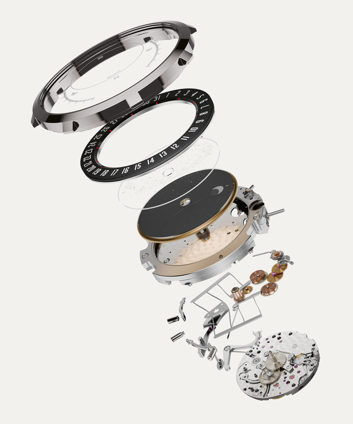 An exploded view of the astronomical indications of Reference 6105G-001. Underneath the bezel is the date disc, on the dial periphery. The disc for the celestial vault, in transparent sapphire crystal, is decorated on its upper surface with stars for the sky chart. The Milky Way is transfer-printed underneath, adding a remarkable sense of depth. Under the celestial disc, another disc in mineral crystal, mounted on an aluminium wheel (for lightness), is coated with black PVD to suggest celestial darkness. A circular aperture in this disc reveals a third disc, also in mineral crystal, whose rotation recreates the Moon as we see it. Beneath it is the feeler mechanism for sunrise and sunset times. 