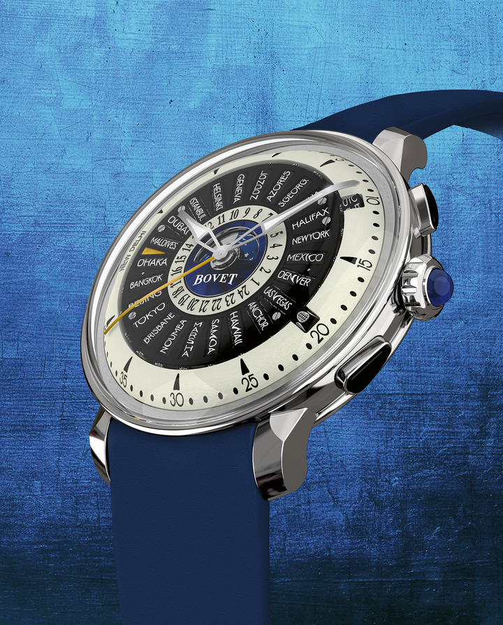  RÉCITAL 30: Case Dimier case. 42mm diameter, 12.9mm thick. 18k red gold or Grade 5 titanium. Domed sapphire crystal Dial 26 rollers (24 city rollers, 1 time period roller, 1 world time roller). Central 24-hour world time dial, additional New Delhi indication, additional minute hand Movement High-watchmaking self-winding movement (calibre R30-70-001). 33.50mm. 373 components. 28,800 vph/4 Hz frequency. 62-hour power reserve Functions Hours, minutes, world time on rollers, day/night indicator, additional minute hand Water Resistance 30m Strap Rubber.