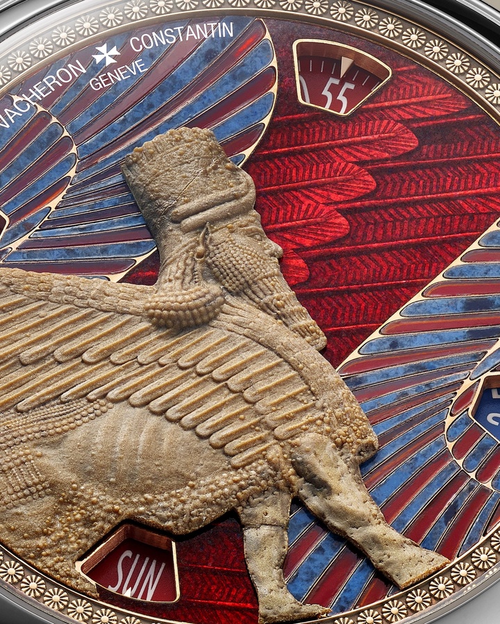 Detail of the Lamassu of Sargon II model, inspired by the monumental sculptures of Sargon II's palace at Khorsabad, Iraq, and the wall paintings discovered at Til Barsip, Syria. In the foreground, the Assyrian Lamassu – the human-headed winged bull that stood guard over royal palaces – is sculpted from Italian limestone sandstone selected for both its hardness and its visual affinity with the alabaster used in the original works. Beneath it lies an intricate stone marquetry composition alternating slender rods of red agate and blue dumortierite. The vibrant red hue is achieved through translucent flinqué enamel applied over engraved motifs that evoke the wings of the mythical creature.