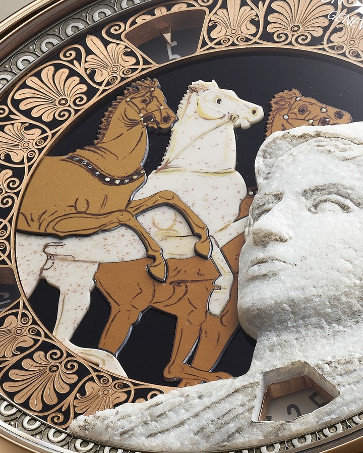 The hand-engraved and patinated Parian marble bust adorning the Athena of Velletri watch is the work of a master glyptic artist. The protective goddess gazes upon three horses rendered in stone marquetry, inspired by a 5th-century BC Greek amphora and brought to life through a dynamic composition of onyx, cream-coloured mookaite and orange mookaite. Framing the scene, an elegant champlevé enamel frieze pays tribute to a krater attributed to the Aegisthus Painter, dating from around 460 BC.