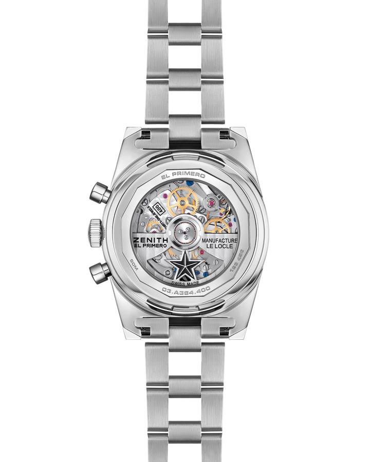 It is powered by the El Primero 400 calibre, the direct descendant of the El Primero 3019 PHC movement introduced in 1969. Entirely designed and manufactured in-house, it beats at a frequency of 5 Hz (36,000 vibrations per hour), enabling 1/10th-of-a-second time measurement. Composed of 278 components and offering a 50-hour power reserve, the movement also features Zenith's signature openworked five-pointed star rotor.