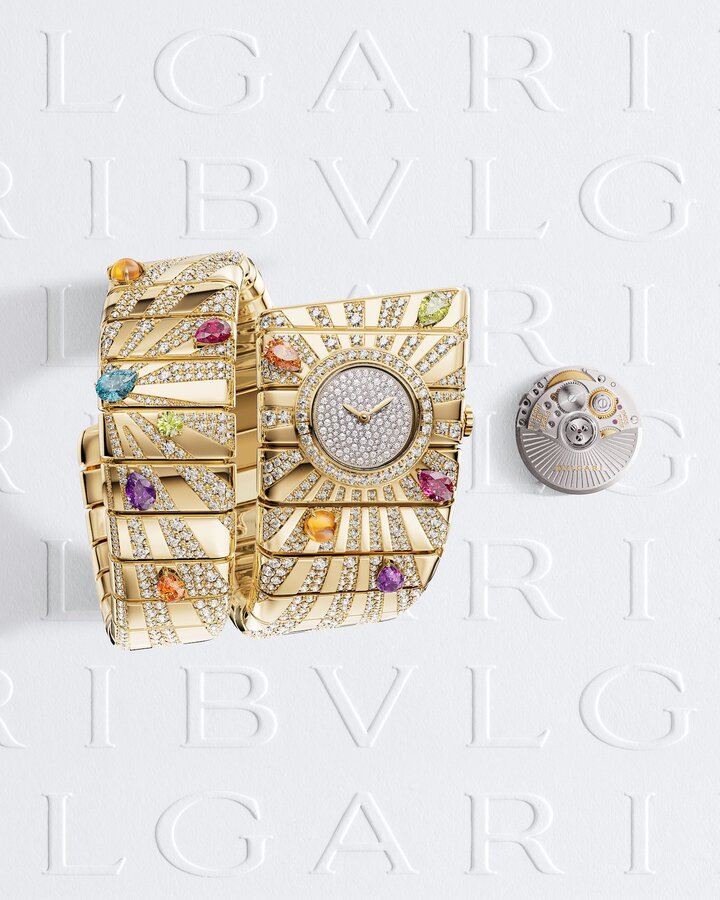 Equipped with the automatic Lady Solotempo BVS100 movement, introduced last year on the Serpenti Seduttori and Serpenti Tubogas, the Tubogas Manchette revisits a 1974 archival model. It adopts the bold geometry of the original design, with a square dial and a wide bracelet. It is adorned with a chromatic symphony of citrines, rubellites, peridots, amethysts, topazes and spessartites, while nearly 12 carats of diamonds sparkle along its spirals.