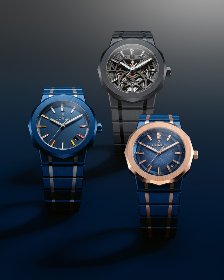 Alternating brushed and polished links extend the Admiral's case into an integrated bracelet. Ceramic introduces a new material expression, offered with titanium, 5N gold or an anthracite finish framing the skeletonised CO232 calibre.