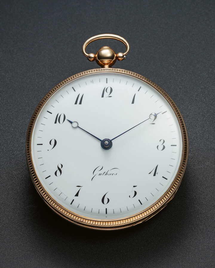 Johan Christian Friedrich Gutkaes (1785-1845), no. 9, ca. 1820. Quarter repeating and quarter striking grande sonnerie clock watch. 20k pink gold case. Ferdinand Adolf Lange's father-in-law, Gutkaes served as clockmaker to the Court of Saxony in Dresden and had a considerable influence on the birth of the Glashütte watch industry.