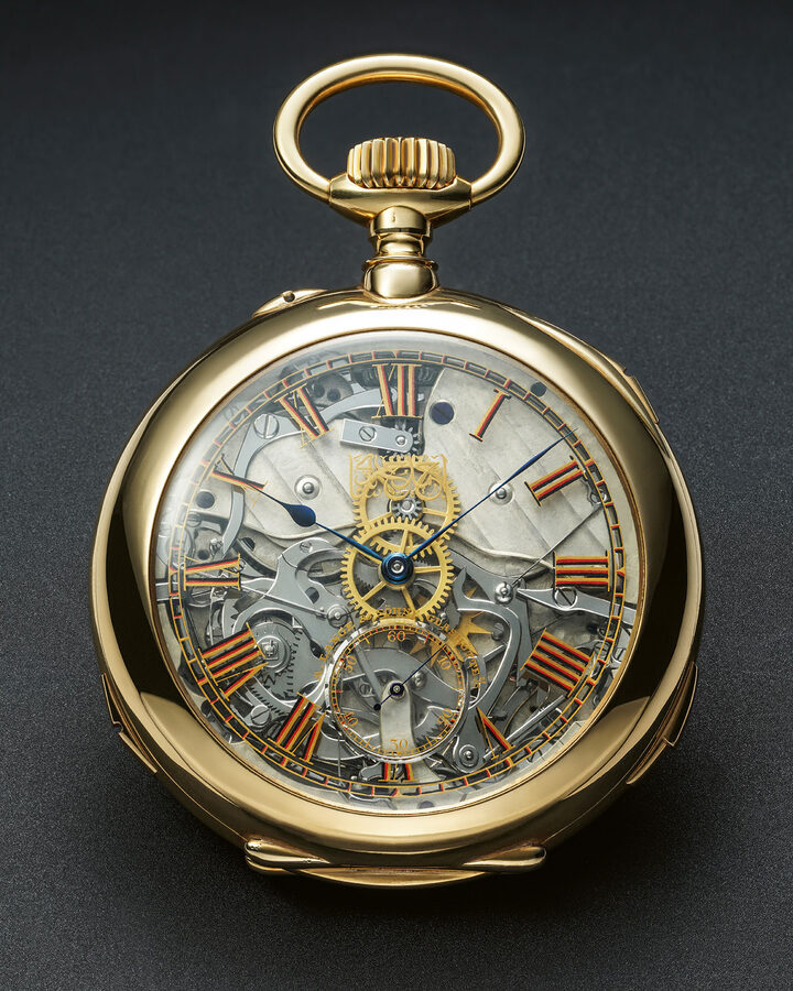 A. Lange & Söhne Glashütte I/Sachsen, no. 62510, ca. 1911. An extremely rare minute repeating grande and petite sonnerie clock watch. 18k open-face Lucia case with glazed case-back. Glazed and hand-painted dial with Roman numerals and the inscription Ahmed Kheir Bashi.